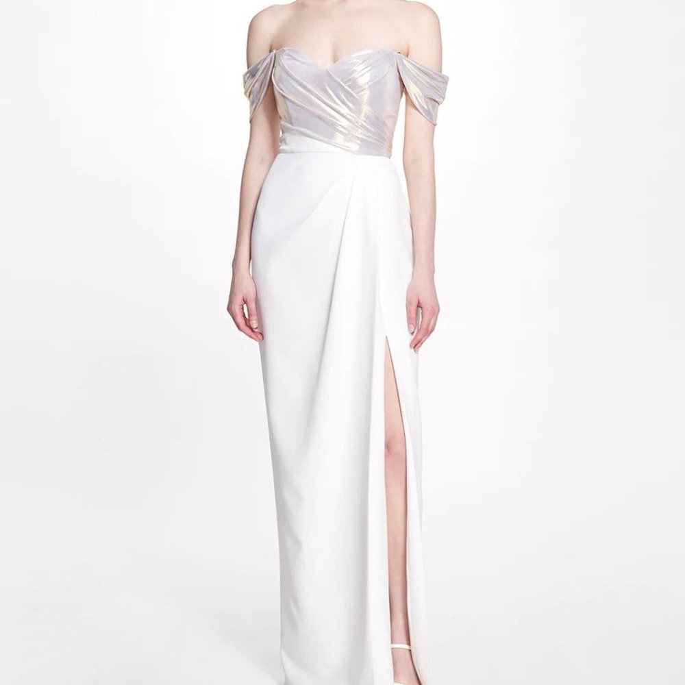 Marchesa Ivory Off the Shoulder High Slit Gown